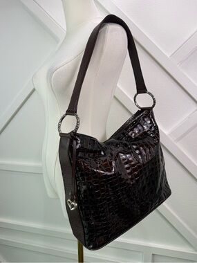 Brighton Cher Brown Patent Croc Embossed Leather Shoulder Bag Heart Charm
